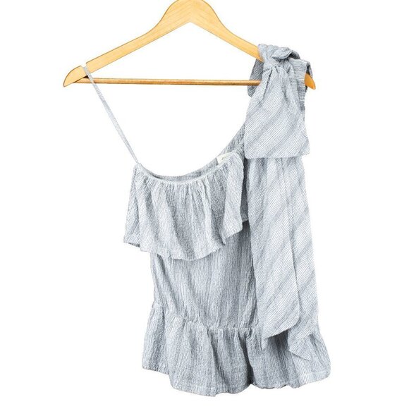 Jill‎ Stuart Luxury Flounce Peplum Bow One Shoulder Light Gray Stripped top s6 - Picture 2 of 3